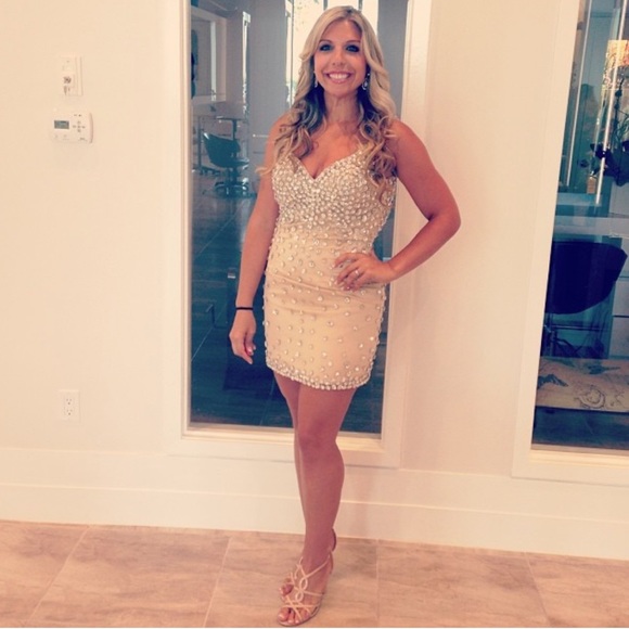 STUNNING RHINESTONE JOVANI MINIDRESS Sz 8 + sash - Picture 12 of 13